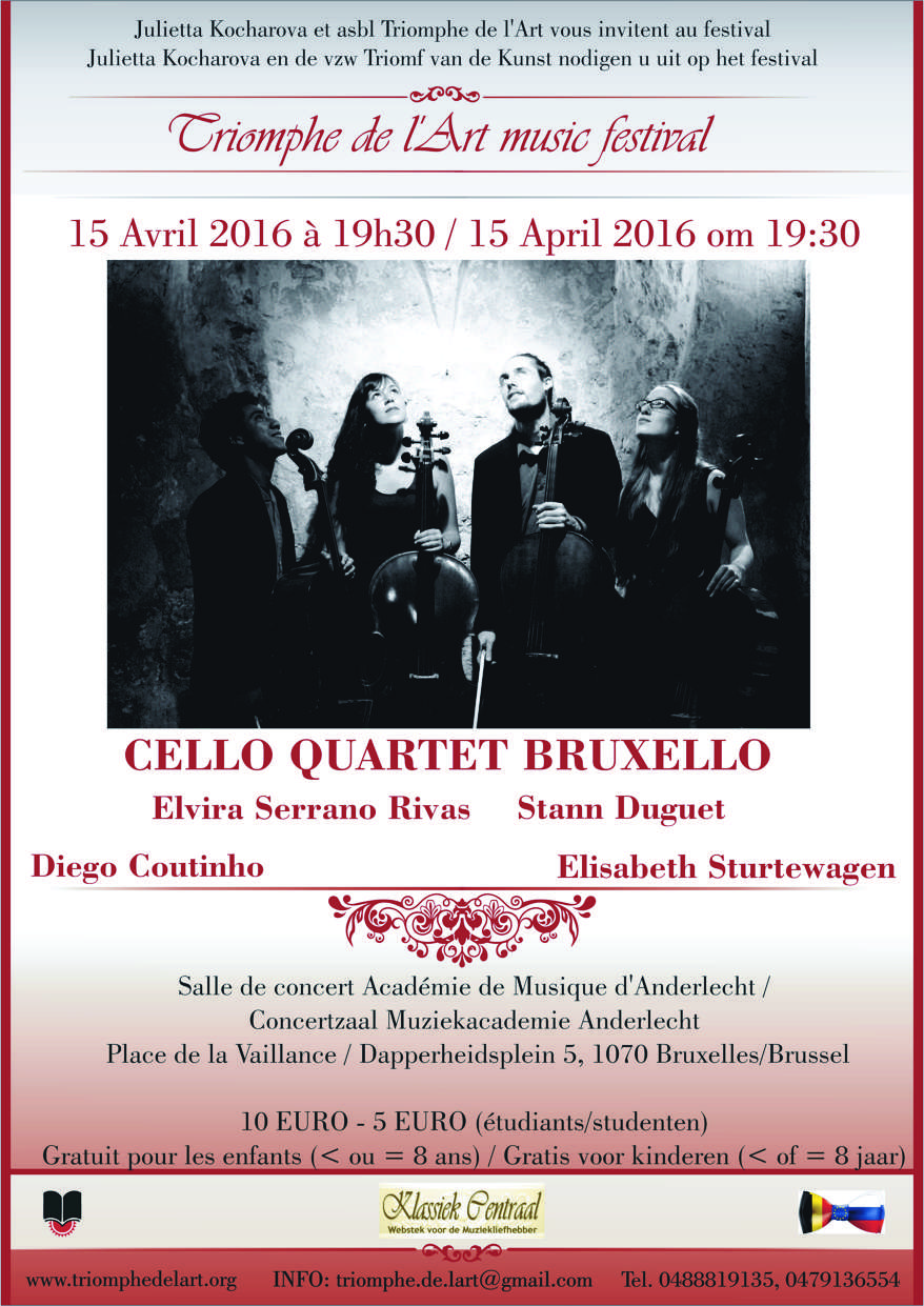 Affiche. Cello quartet Bruxello. Elvira Serrano Rivas, Stann Duguet, Diego Coutinho et Elisabeth Sturtewagen. 2016-04-15
